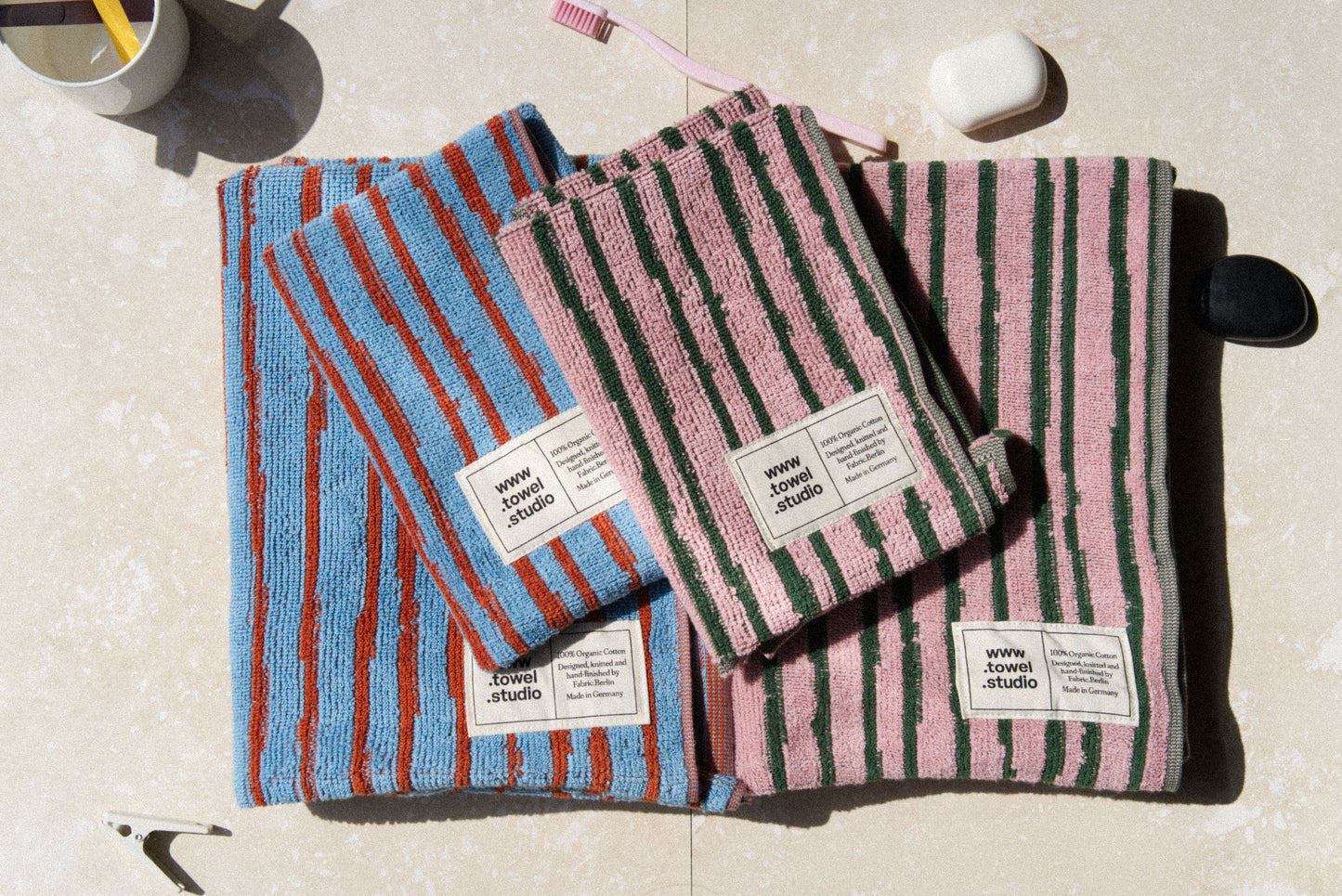 Stripe 4 Pcs Set | Bath & Guest Towels x 2 Colors | Sky & Brick + Pink & Green