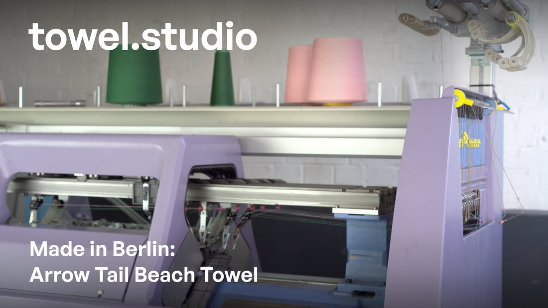 Video of a green and pink Arrow Tail Beach Towel being produced on a flat-bed knitting machine, then hand-finished in the workshop of towel.studio in Berlin, Germany.